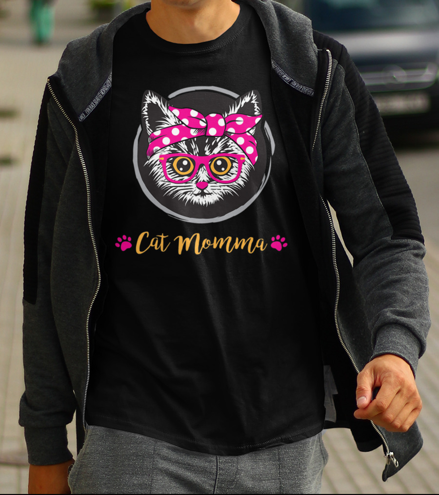 Cat Momma Pink Bow Glasses Paws T-Shirt