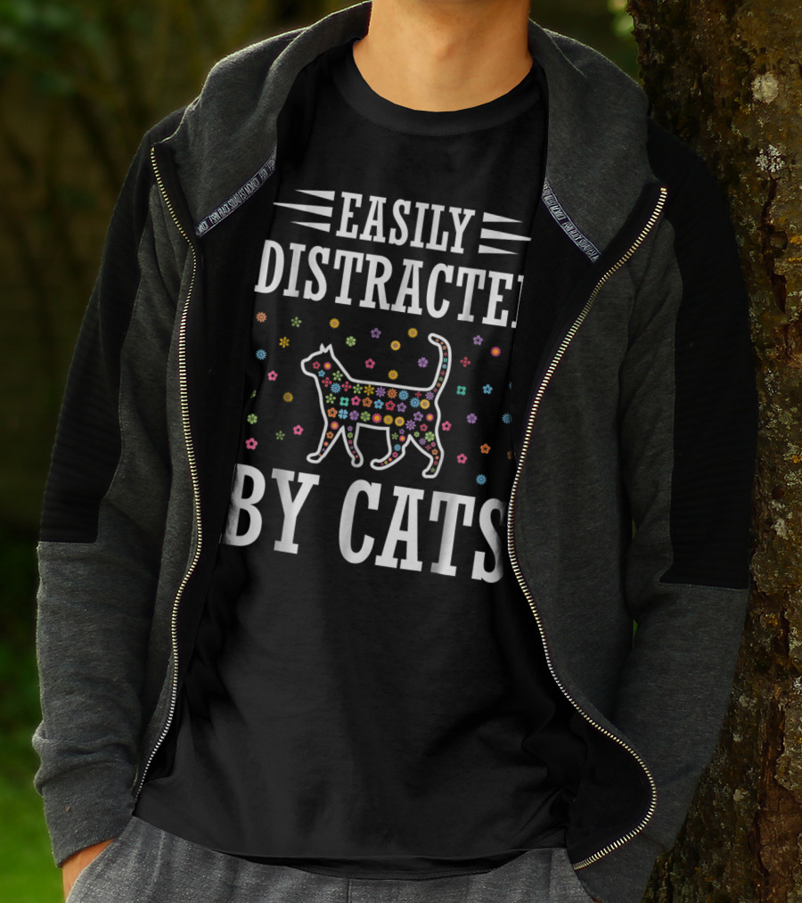 Easily Distracted By Cats Colorful Floral Cat T-Shirt