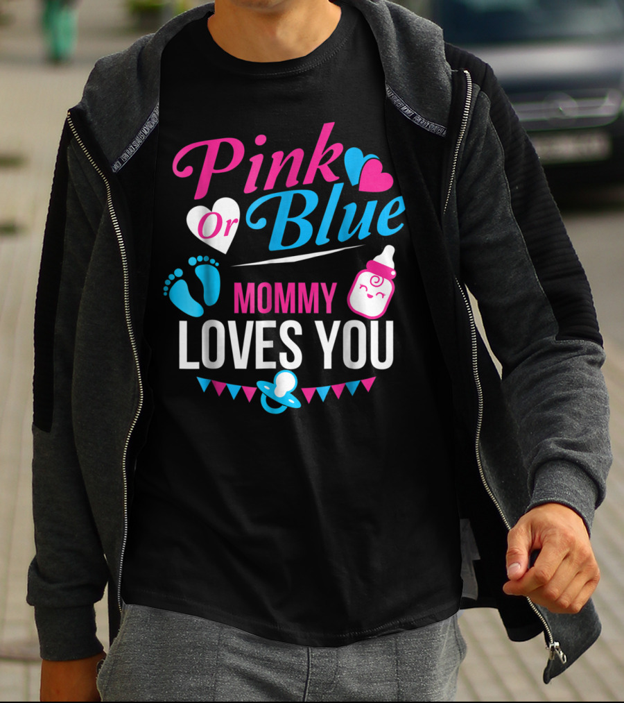 Pink Or Blue Mommy Loves You Gender Reveal Hearts Bottle Pacifier T-Shirt
