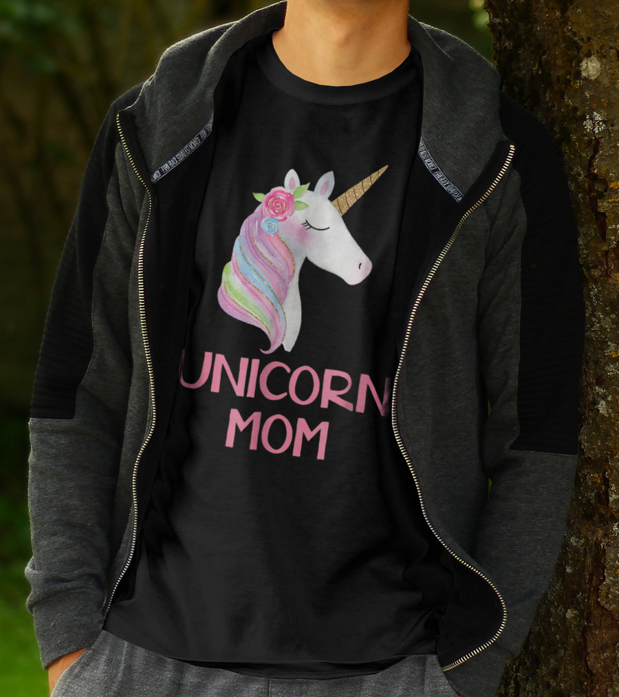 Unicorn Mom Watercolor Pink Flowers And Gold Horn Rainbow Mane T-Shirt