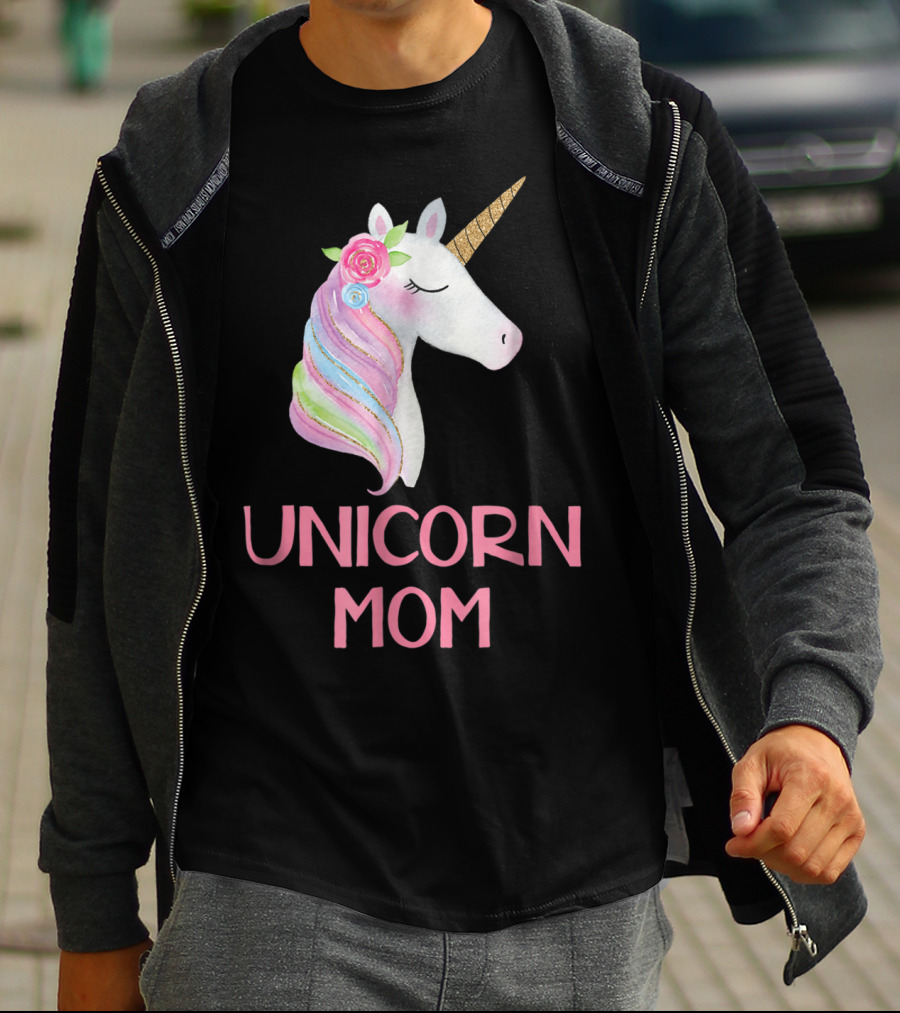 Unicorn Mom Watercolor Pink Flowers And Gold Horn Rainbow Mane T-Shirt