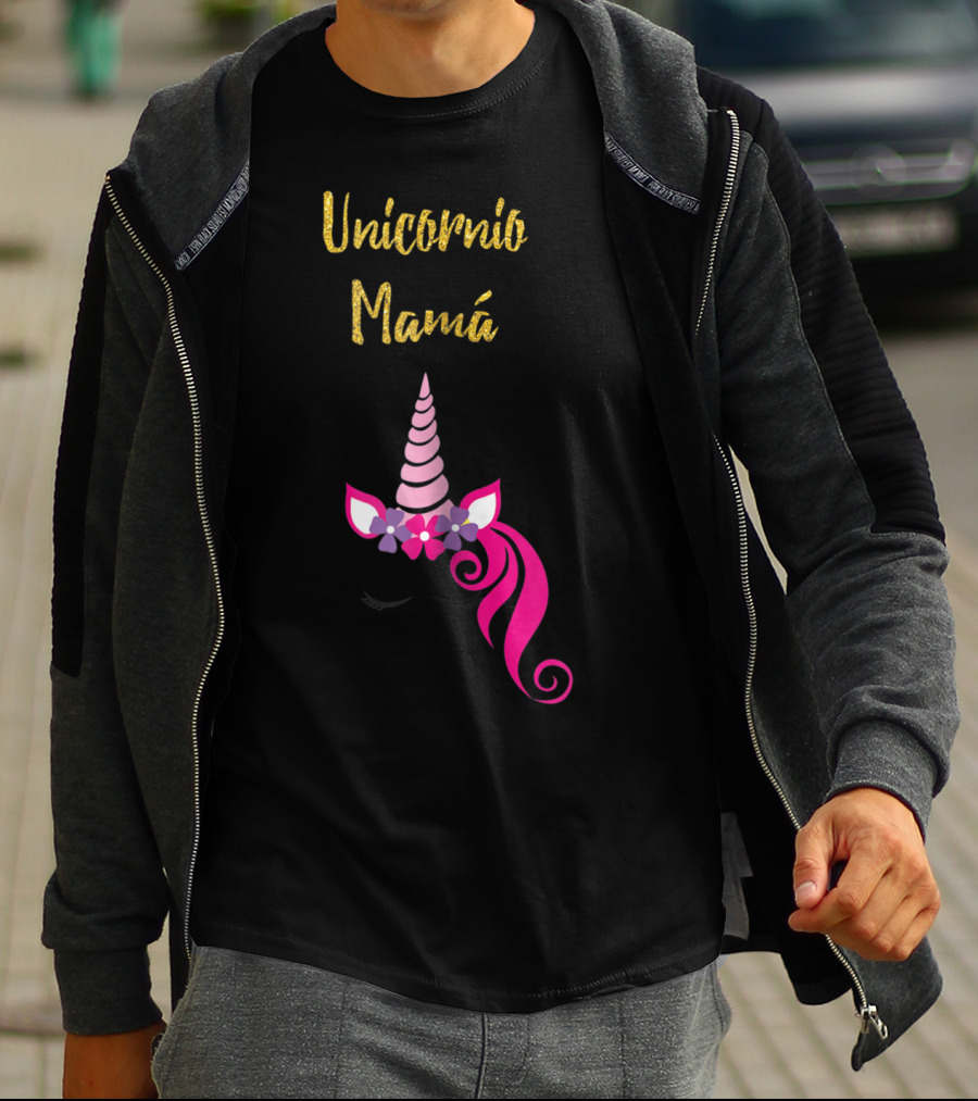 Unicornio Mamá Spanish Unicornio Mom With Pink Horn And Flowers T-Shirt