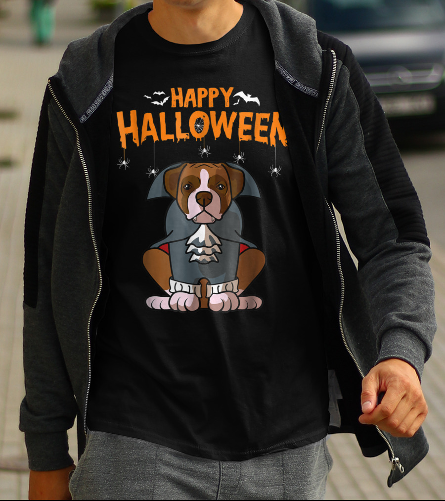 Happy Halloween Funny Boxer Dog Costume With Bats And Spiders T-Shirt