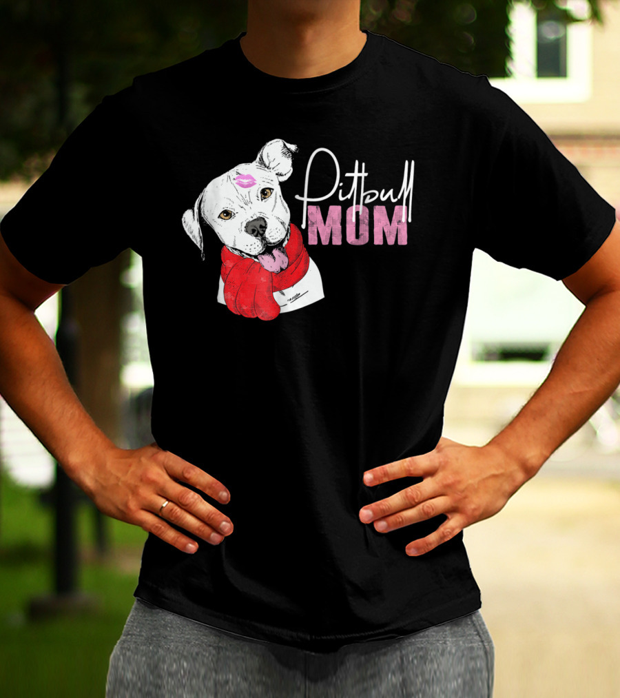 Pitbull Mom Pittie With Kissed Face And Red Scarf T-Shirt