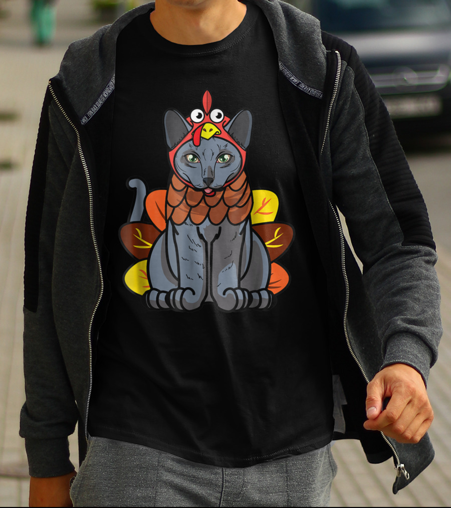 Thanksgiving Greetings Blue Cat Mom Owner With Turkey Costume T-Shirt