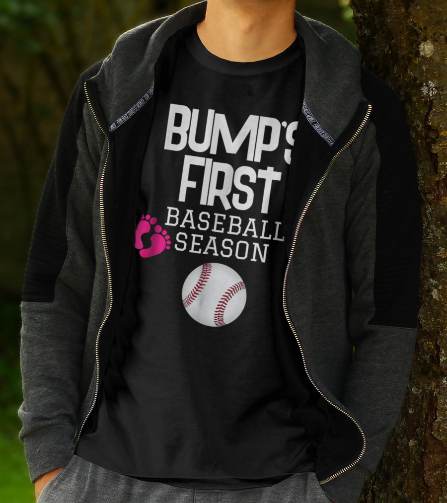 Bump's First Baseball Season New Mom To Be With Baby Footprints And Baseball T-Shirt