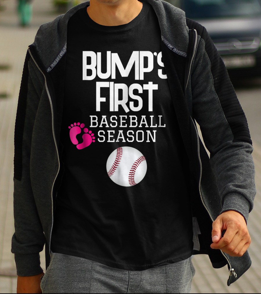 Bump's First Baseball Season New Mom To Be With Baby Footprints And Baseball T-Shirt