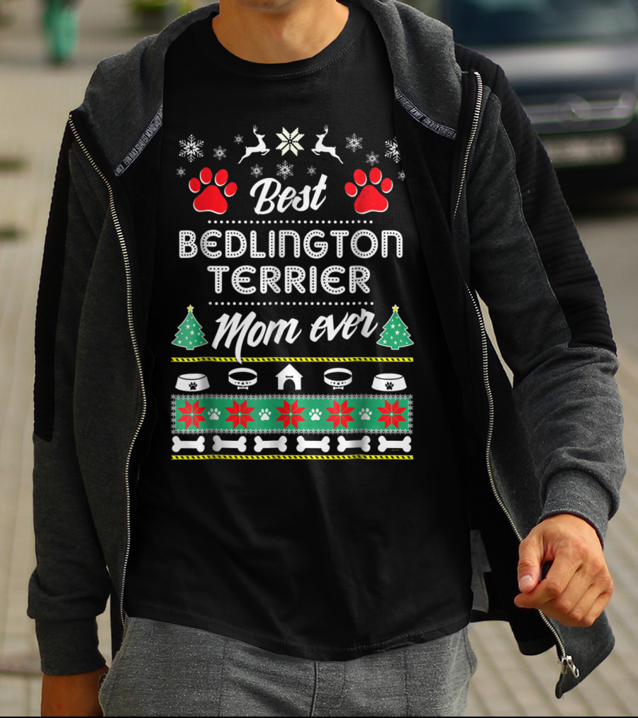 Best Bedlington Terrier Mom Ever With Christmas Reindeer And Paw Prints T-Shirt