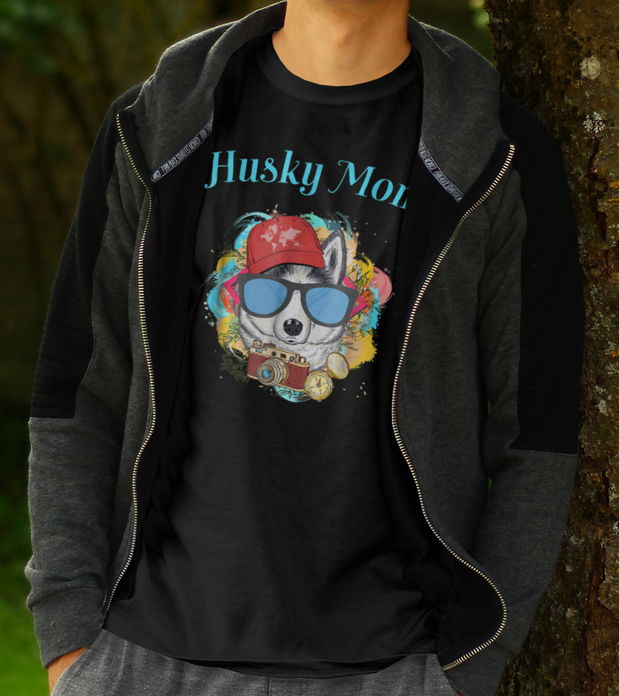 Husky Mom Dog With Red Cap And Sunglasses Surrounded By Camera T-Shirt