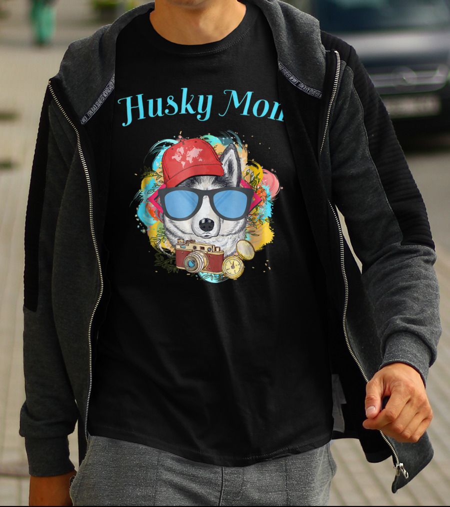 Husky Mom Dog With Red Cap And Sunglasses Surrounded By Camera T-Shirt