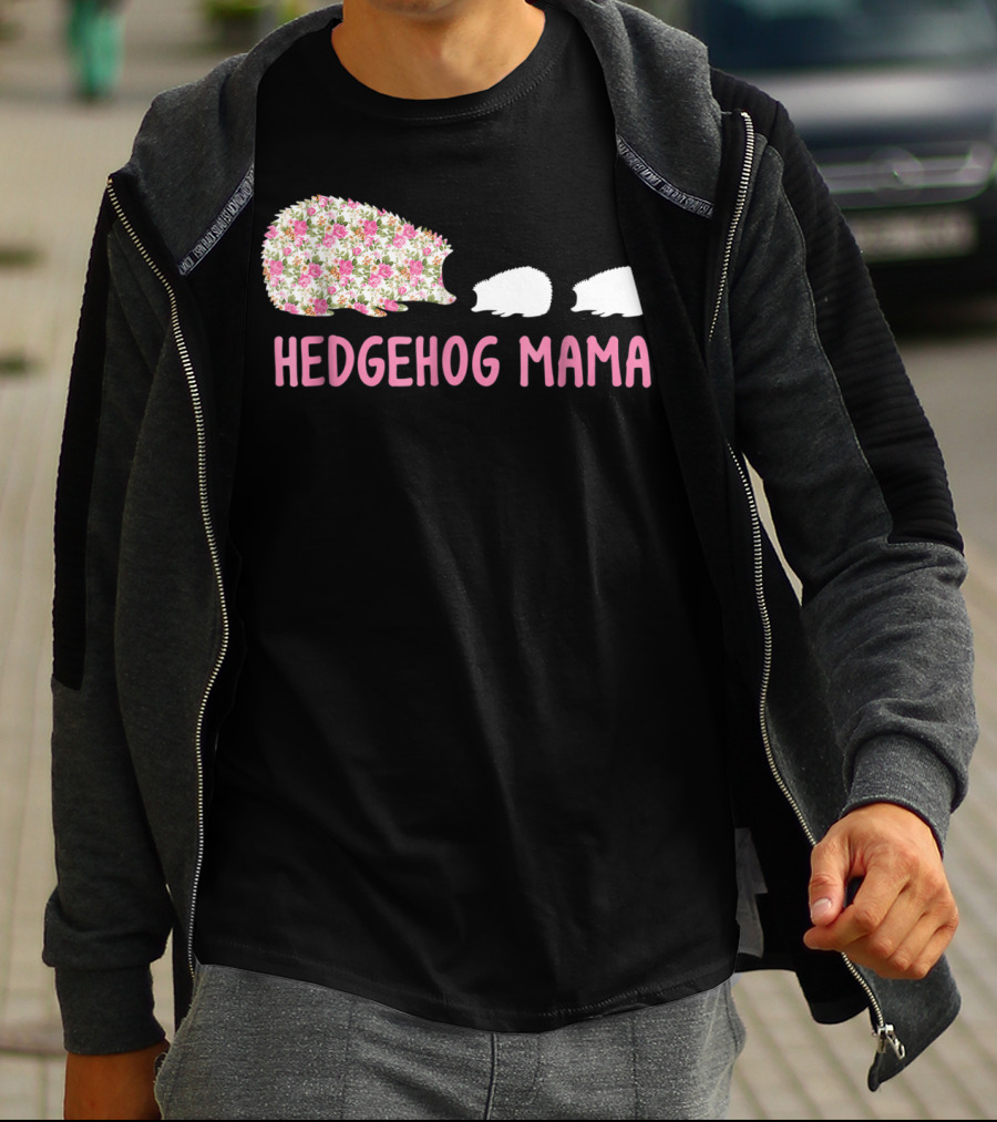 Hedgehog Mama With Floral Pattern And Babies T-Shirt