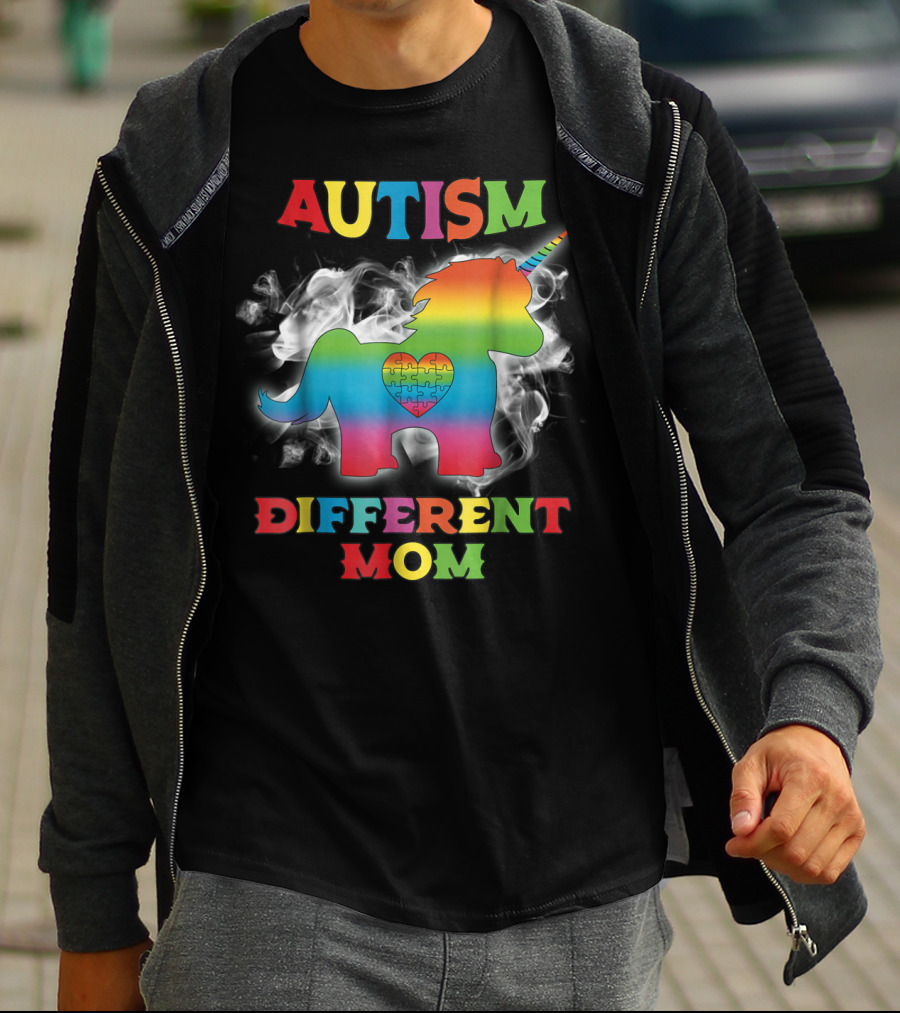 Autism Different Mom Rainbow Puzzle Heart Unicorn T-Shirt