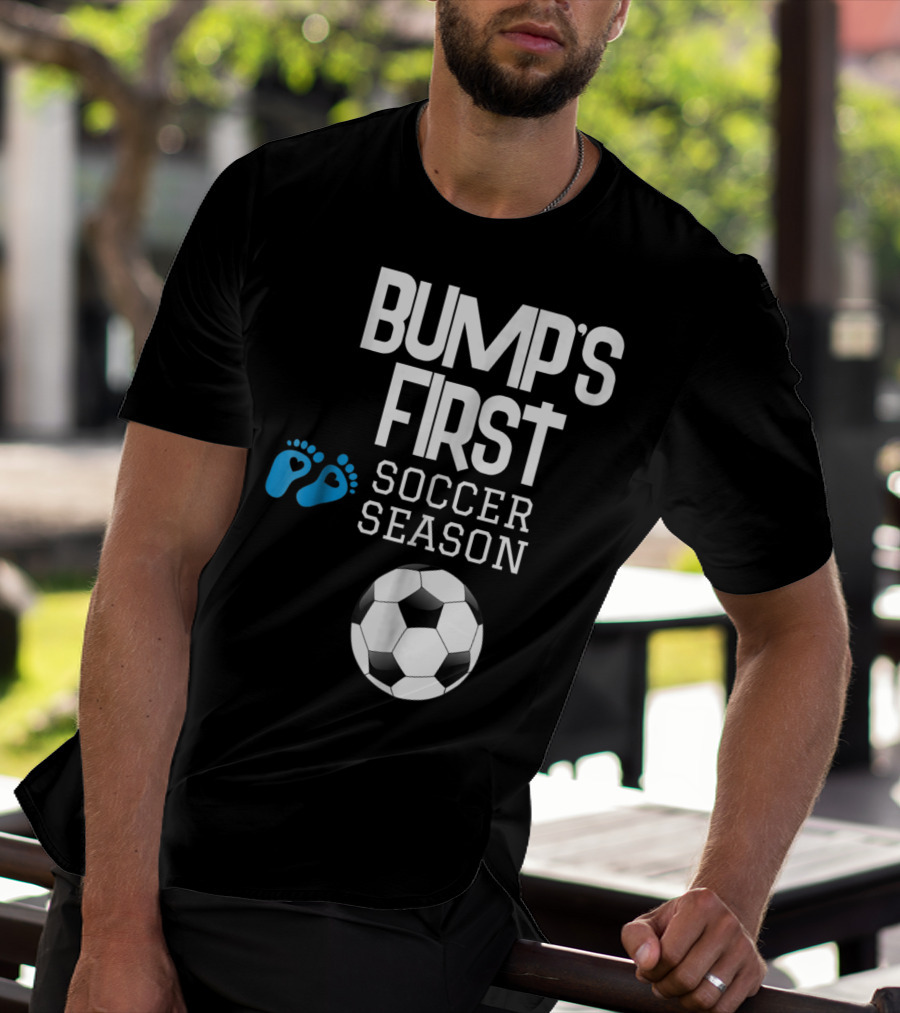 Bump's First Soccer Season New Mom To Be With Baby Footprints And Soccer Ball T-Shirt