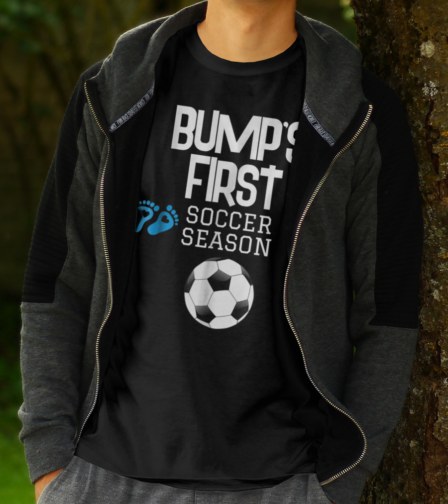 Bump's First Soccer Season New Mom To Be With Baby Footprints And Soccer Ball T-Shirt