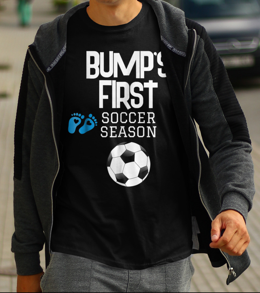 Bump's First Soccer Season New Mom To Be With Baby Footprints And Soccer Ball T-Shirt