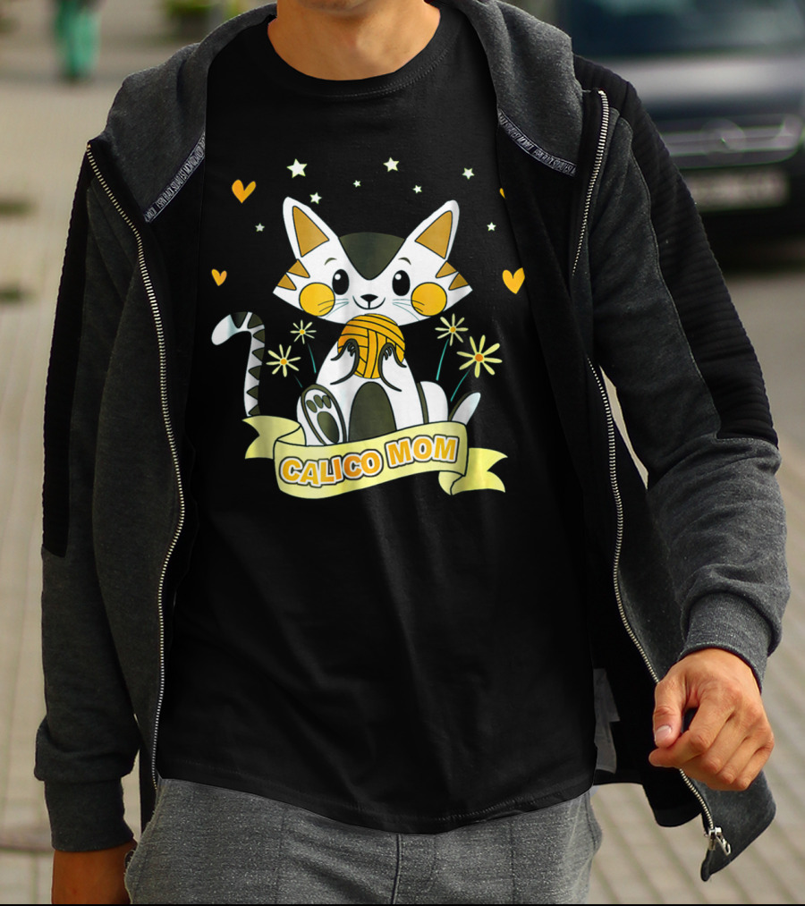 Calico Cat CALICO MOM Stars Hearts Yarn Flowers Banner T-Shirt