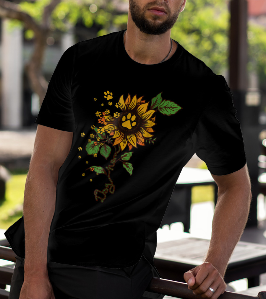 DOG MOM PAW PRINT SUNFLOWER WITH LEAVES T-Shirt