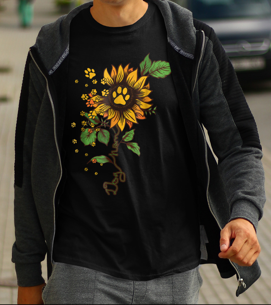 DOG MOM PAW PRINT SUNFLOWER WITH LEAVES T-Shirt