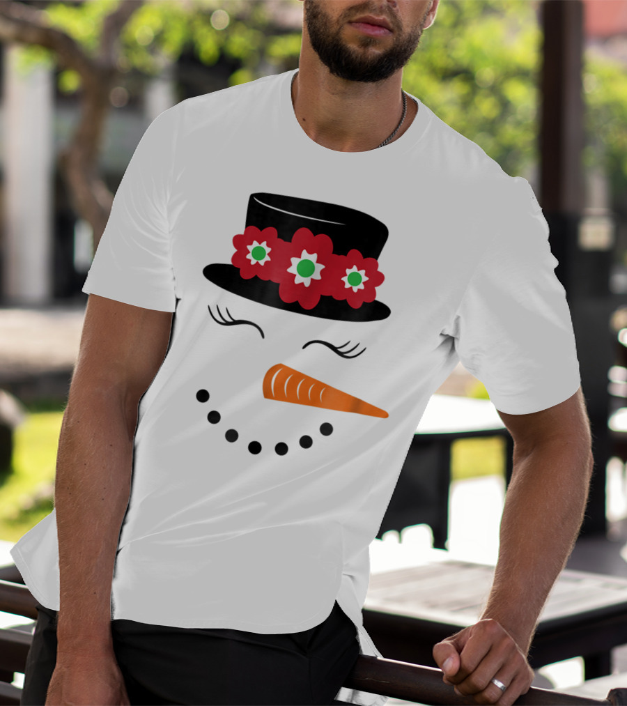 Family Christmas Card Snowman Woman With Hat And Flowers Mom Girl25 T-Shirt