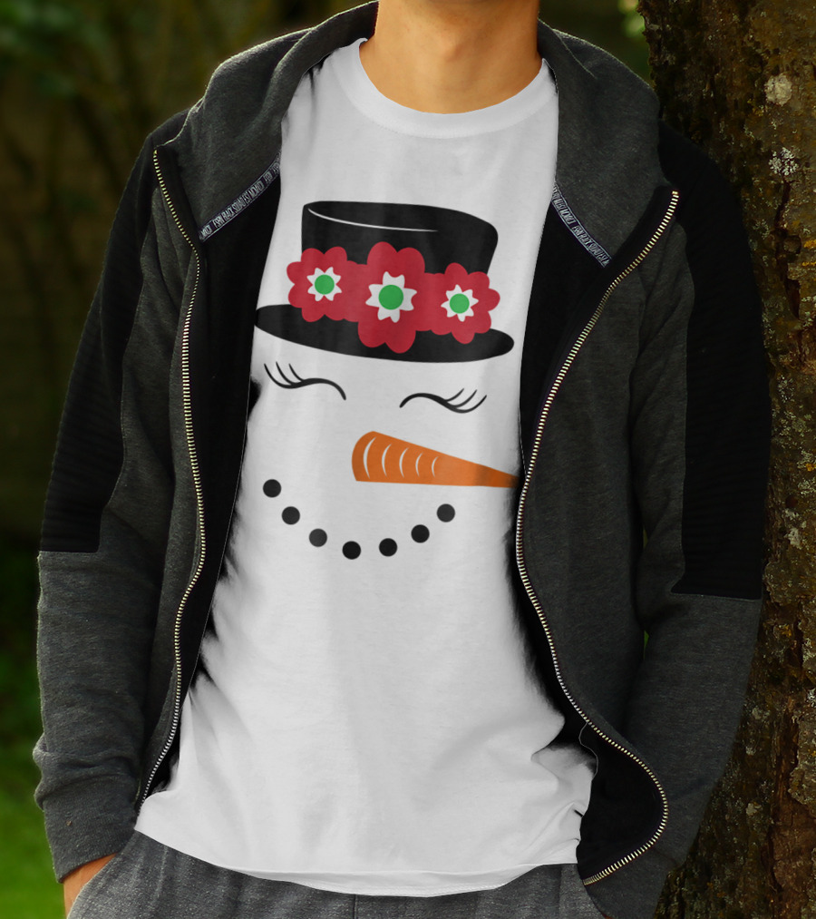 Family Christmas Card Snowman Woman With Hat And Flowers Mom Girl25 T-Shirt