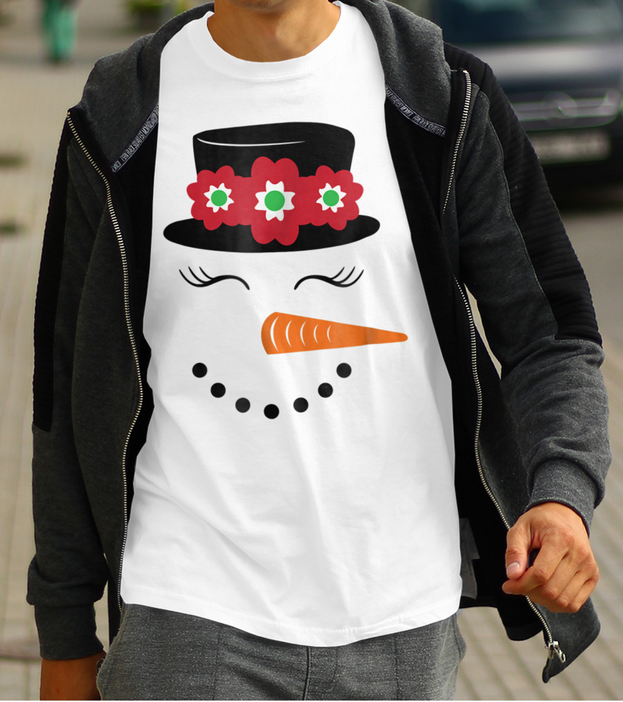 Family Christmas Card Snowman Woman With Hat And Flowers Mom Girl25 T-Shirt