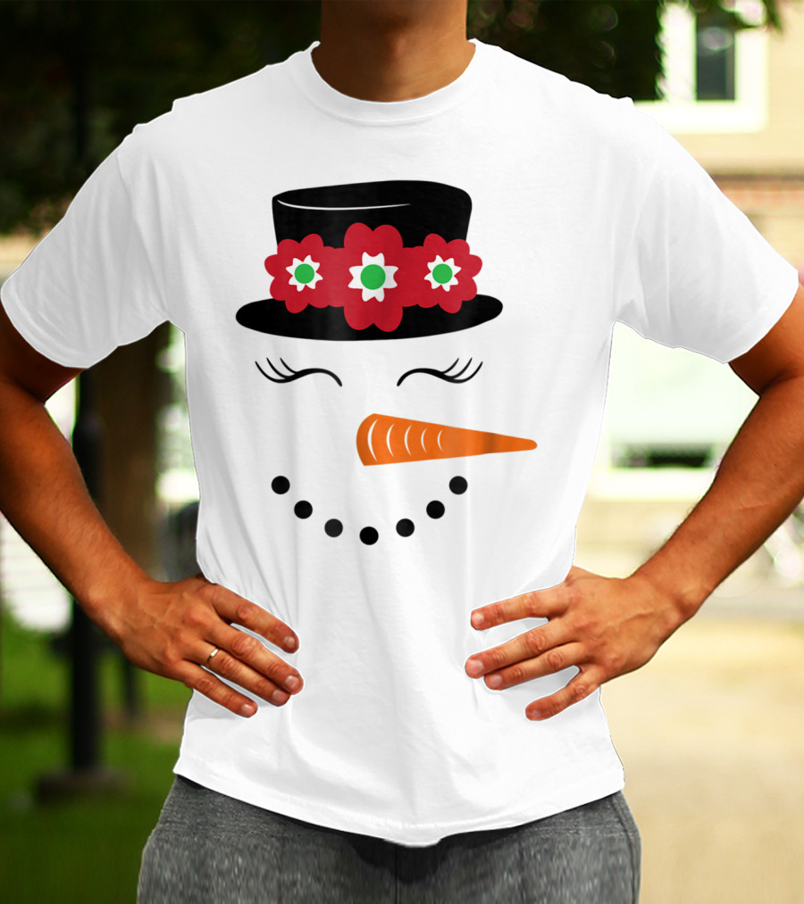 Family Christmas Card Snowman Woman With Hat And Flowers Mom Girl25 T-Shirt