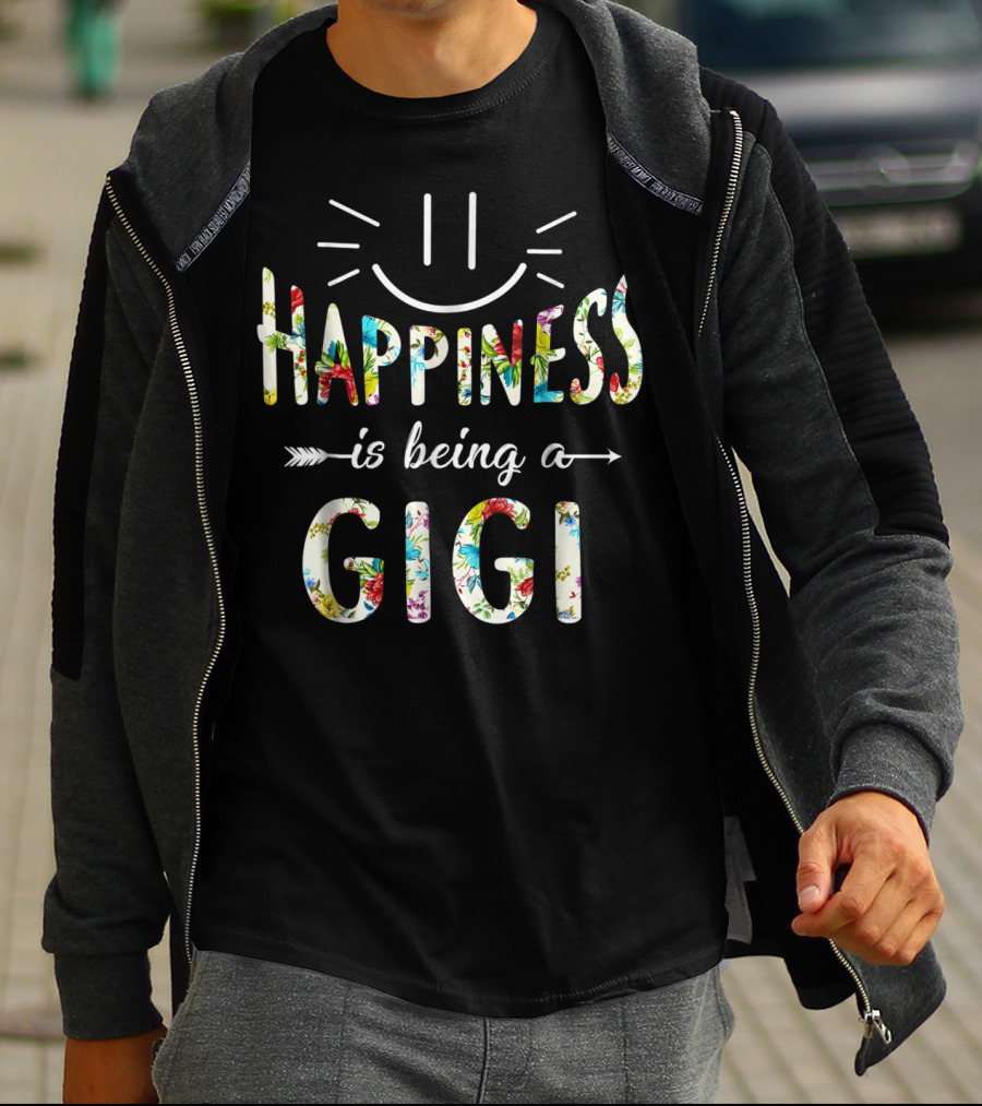 Happiness Is Being A Gigi Floral Pattern Smiley Face T-Shirt