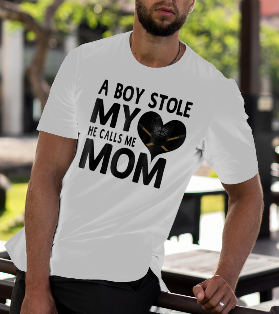 A Boy Stole My Heart He Calls Me Mom Hockey Heart Mask T-Shirt
