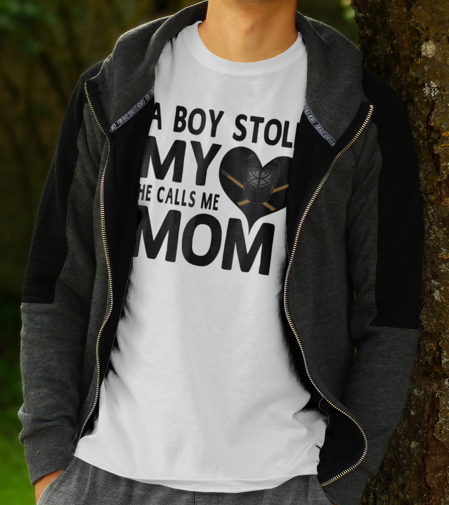 A Boy Stole My Heart He Calls Me Mom Hockey Heart Mask T-Shirt
