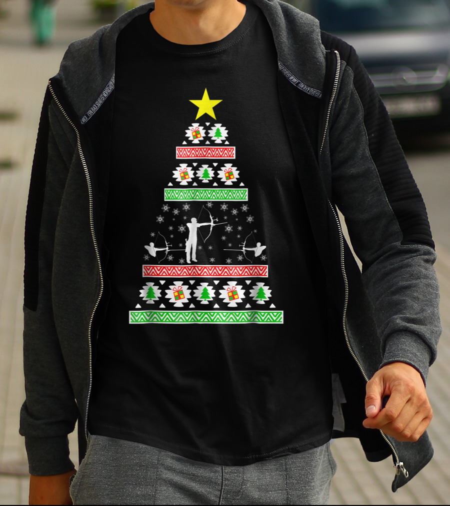 Archery Ugly Christmas Dad98 Tree Pattern With Star And Gifts T-Shirt
