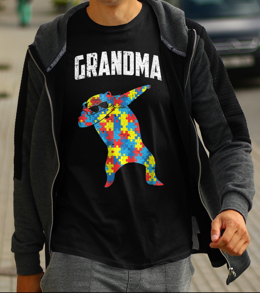 Dabbing Autism Puzzle Bear With Glasses Grandma T-Shirt