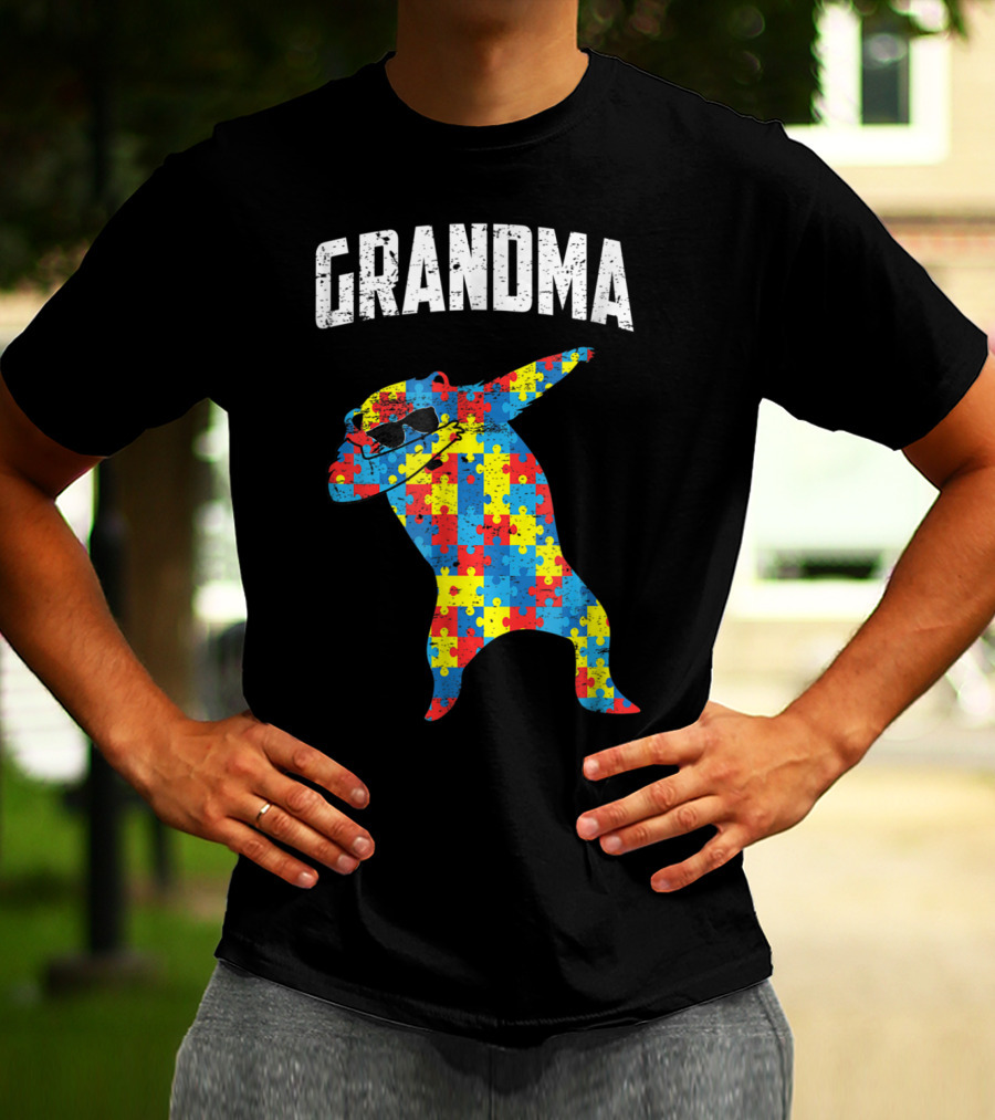 Dabbing Autism Puzzle Bear With Glasses Grandma T-Shirt