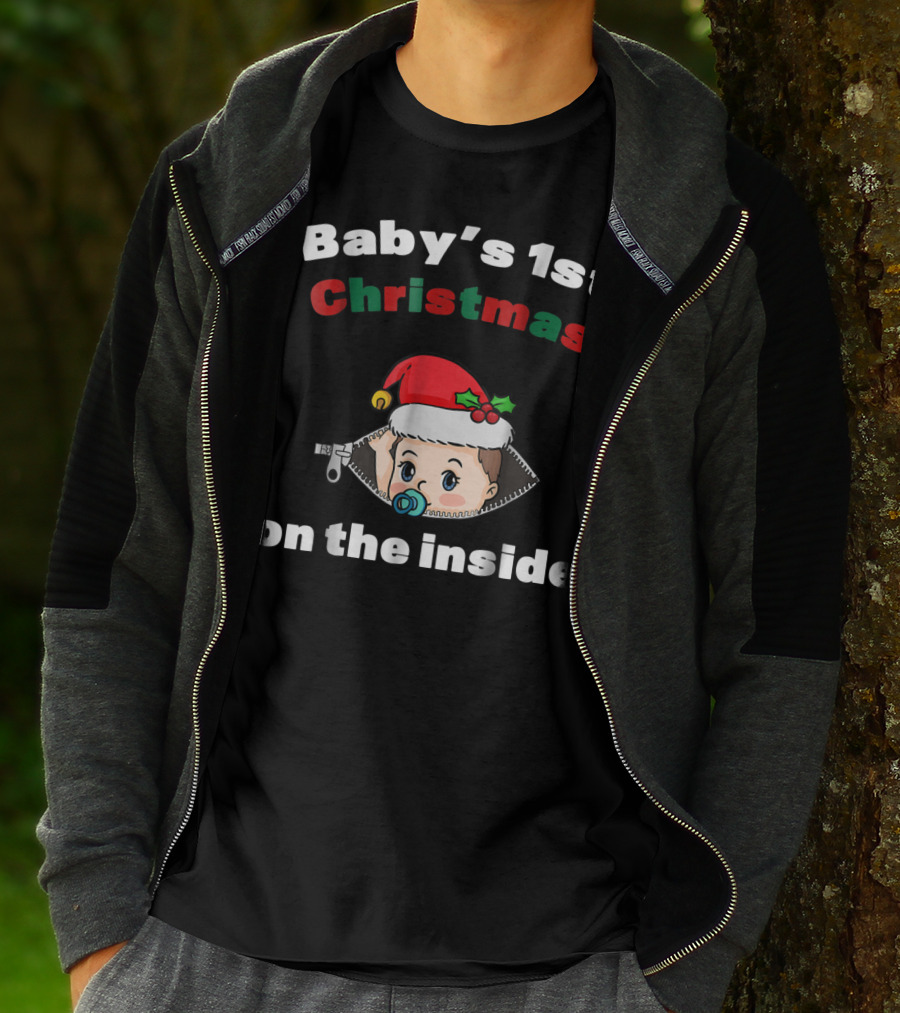 Baby's 1st Christmas On The Inside Mom To Be Santa Hat Zipper T-Shirt