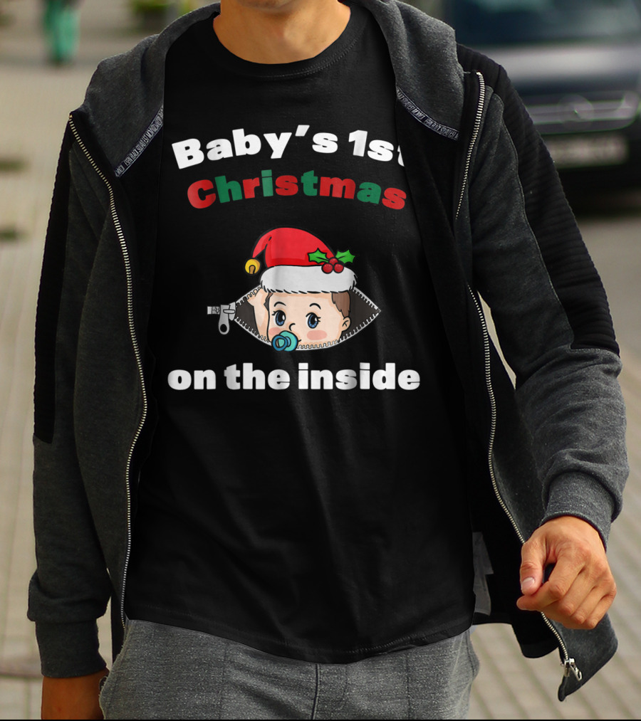 Baby's 1st Christmas On The Inside Mom To Be Santa Hat Zipper T-Shirt
