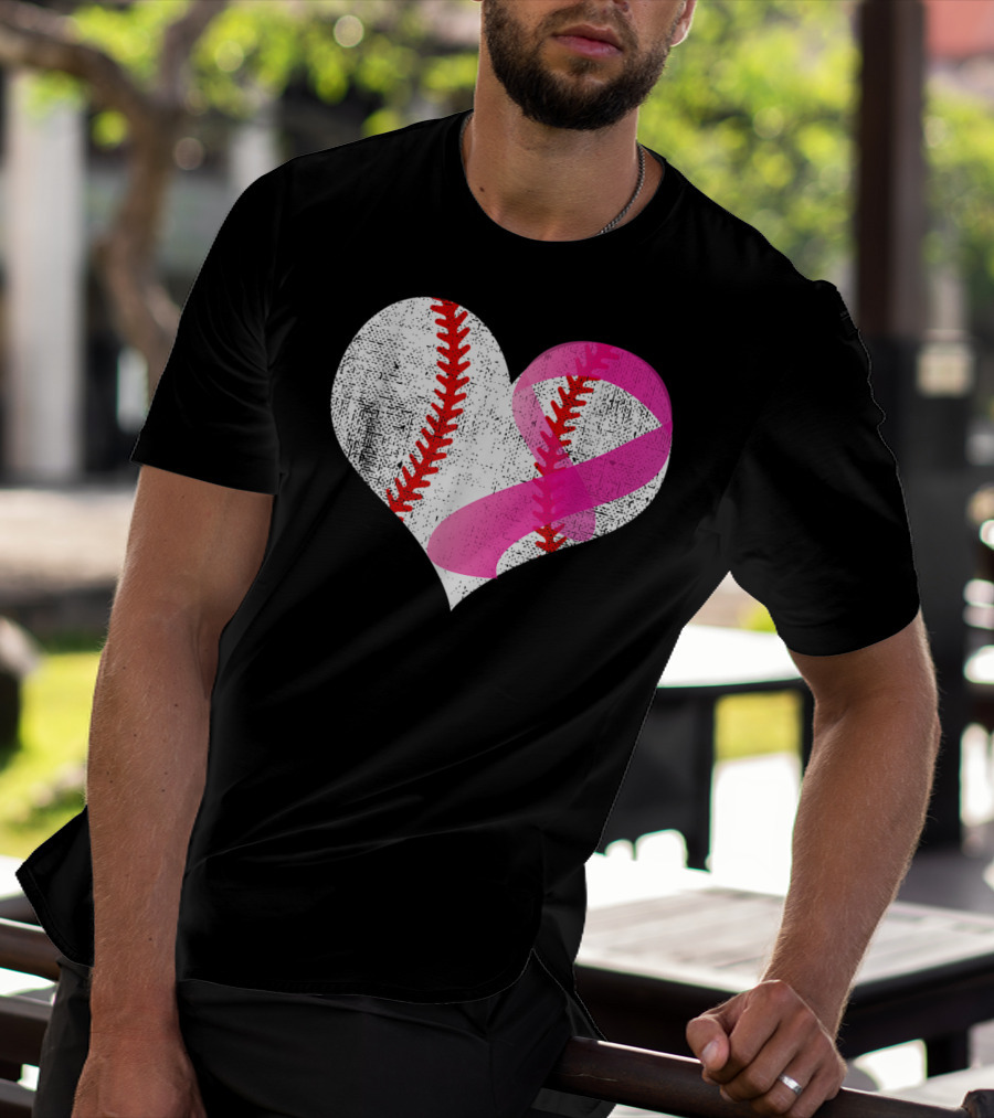 Baseball Heart Pink Ribbon Breast Cancer Awareness Mom81 T-Shirt
