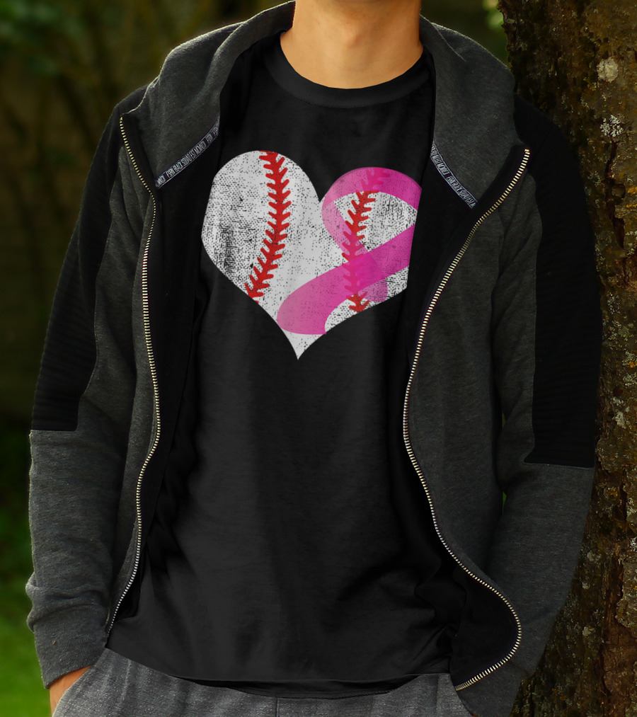 Baseball Heart Pink Ribbon Breast Cancer Awareness Mom81 T-Shirt