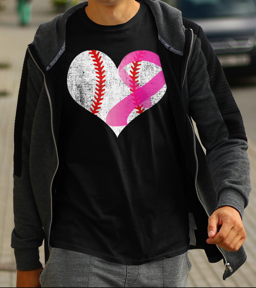 Baseball Heart Pink Ribbon Breast Cancer Awareness Mom81 T-Shirt