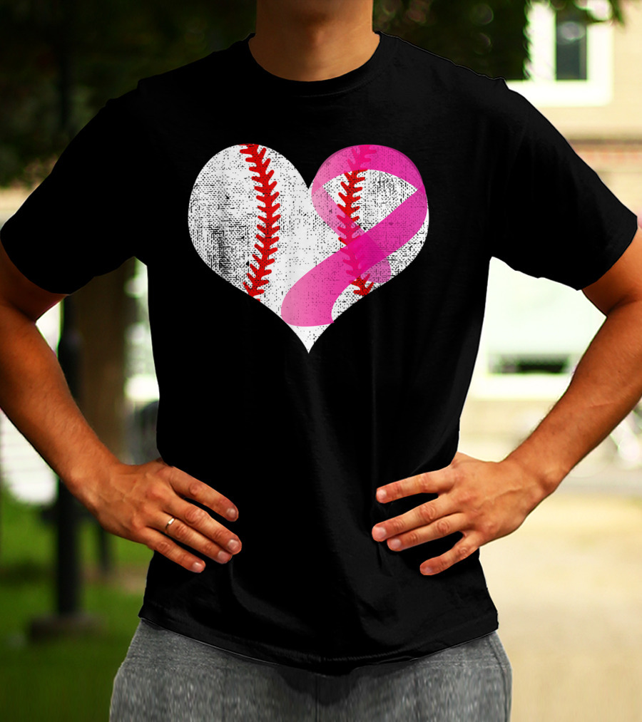 Baseball Heart Pink Ribbon Breast Cancer Awareness Mom81 T-Shirt