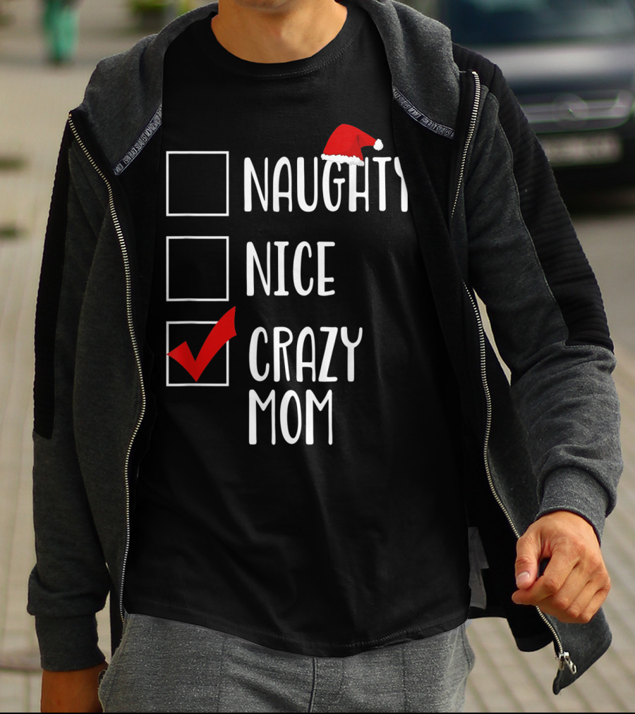 BDAZ Funny Crazy Mom Christmas Naughty Nice Santa Hat Checkmark 18 T-Shirt