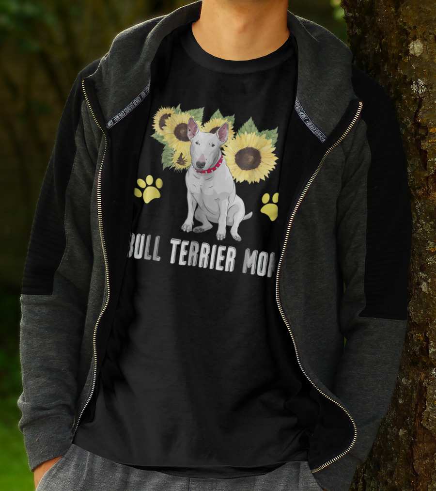 Bull Terrier Mom With Sunflowers And Paw Prints T-Shirt