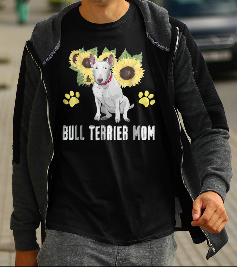 Bull Terrier Mom With Sunflowers And Paw Prints T-Shirt
