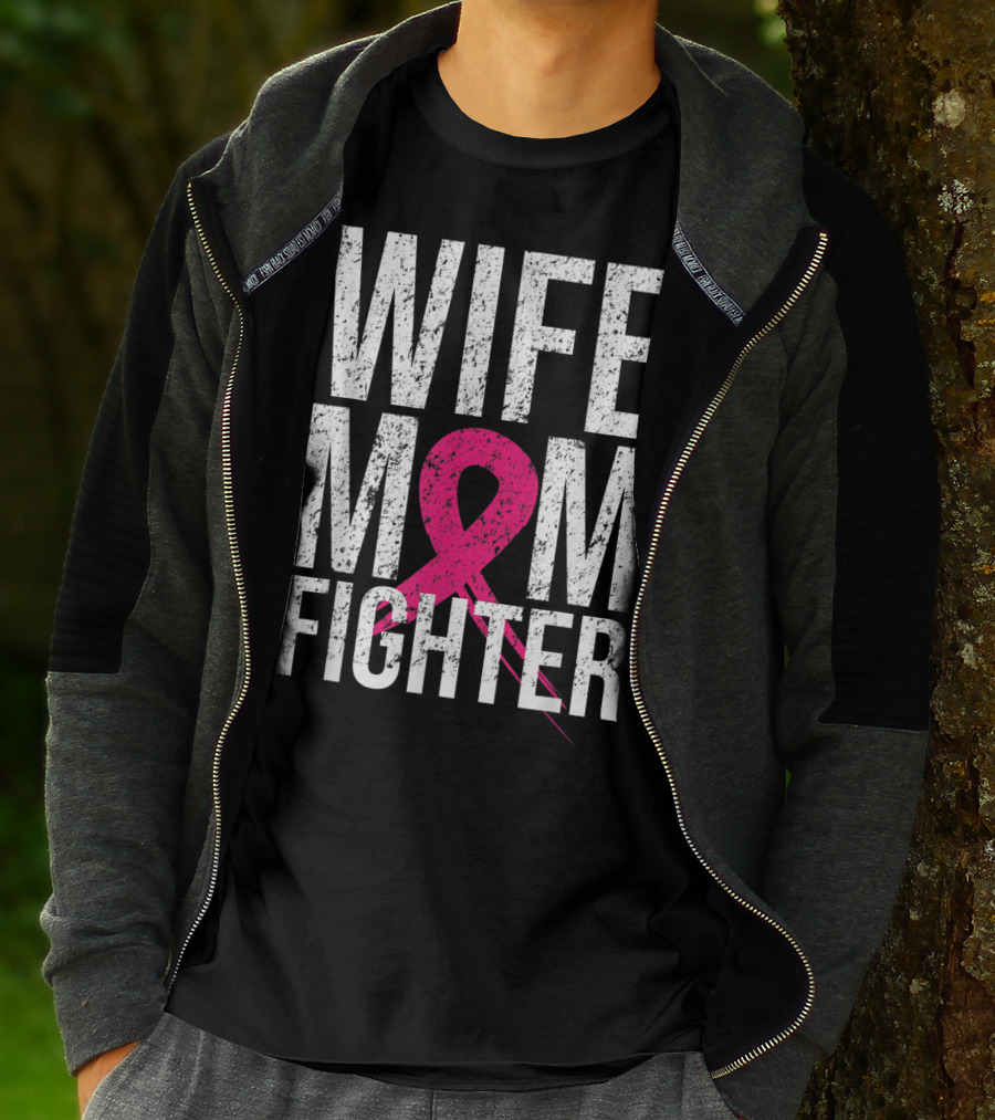 Wife Mom Fighter Breast Cancer Awareness Pink Ribbon66 T-Shirt