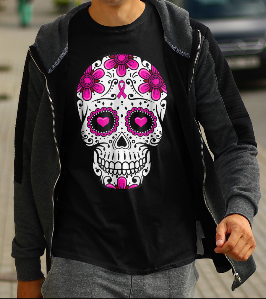 Breast Cancer Awareness Skull Pink Ribbon Mom Wife Floral T-Shirt