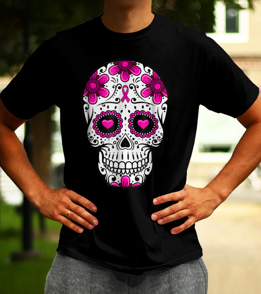 Breast Cancer Awareness Skull Pink Ribbon Mom Wife Floral T-Shirt