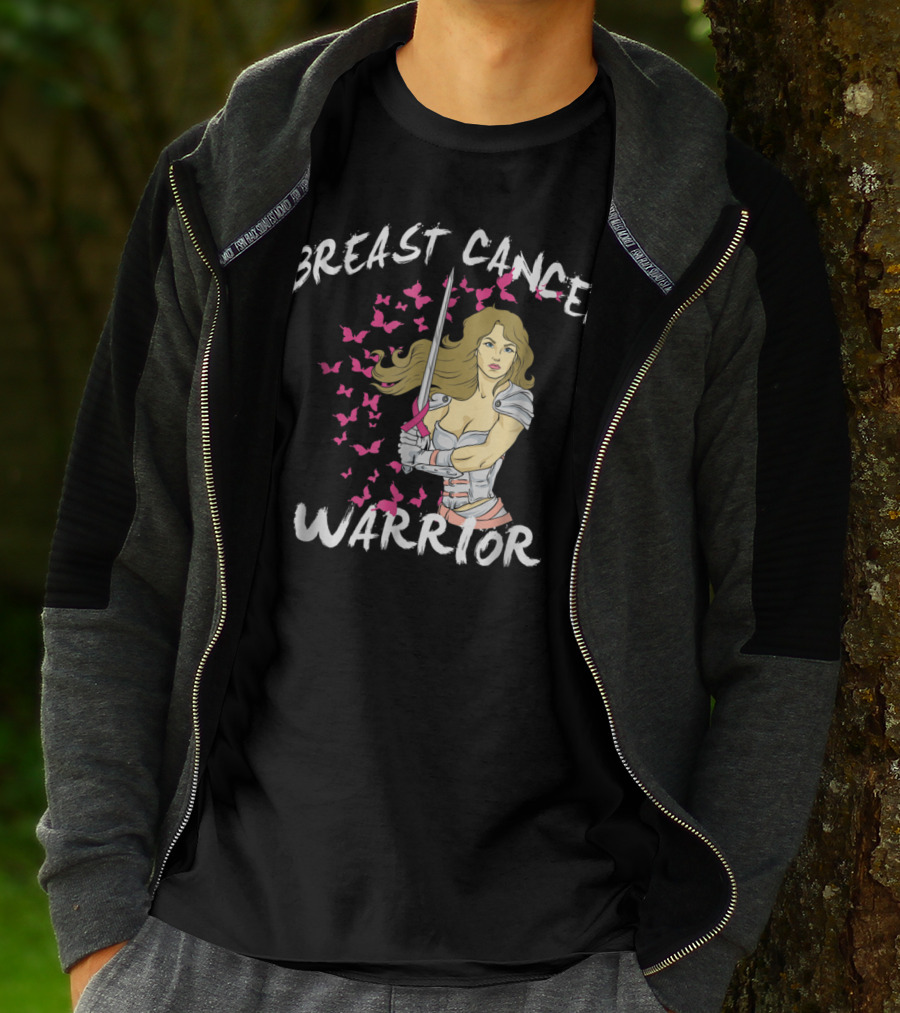 Breast Cancer Warrior Mom Knight With Ribbon Sword And Butterflies T-Shirt