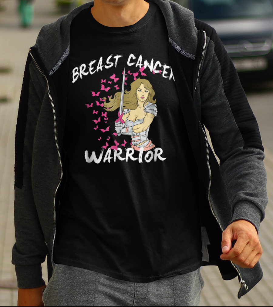 Breast Cancer Warrior Mom Knight With Ribbon Sword And Butterflies T-Shirt