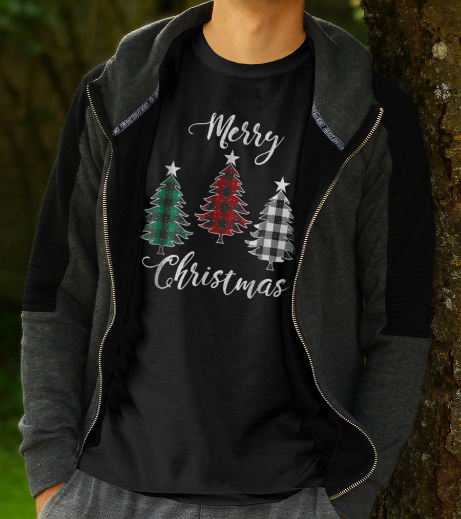 Merry Christmas Buffalo Plaid Trees Dad And Kids T-Shirt