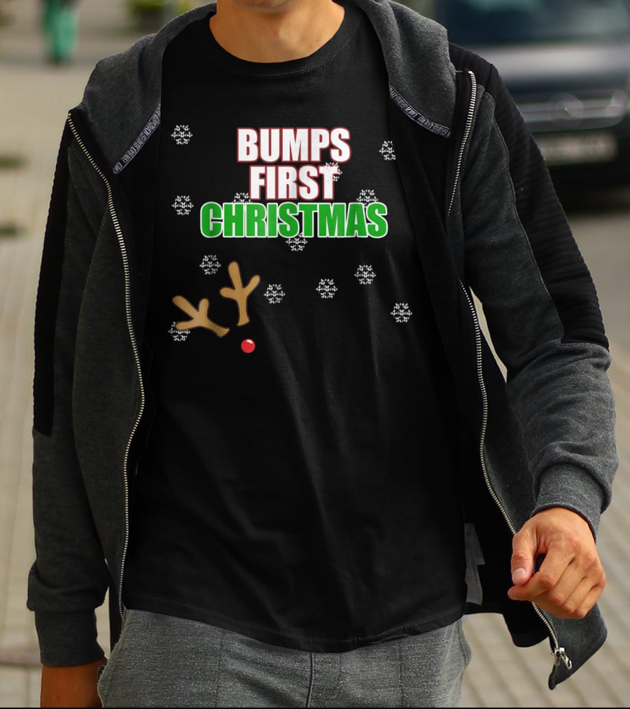 Bumps First Christmas Antlers Red Nose Snowflakes December Mom To Be T-Shirt