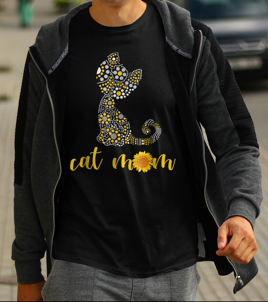 Cat Mom Sunflower Dot Art Funny Cat Lover 90 T-Shirt