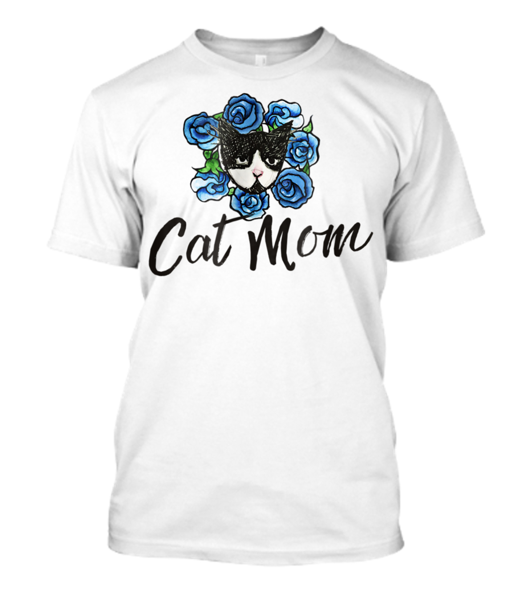 Cat Mom Floral Tuxedo Cat Blue Roses T-Shirt